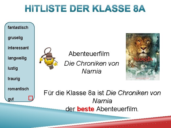 fantastisch gruselig interessant langweilig lustig Abenteuerfilm Die Chroniken von Narnia traurig romantisch gut �