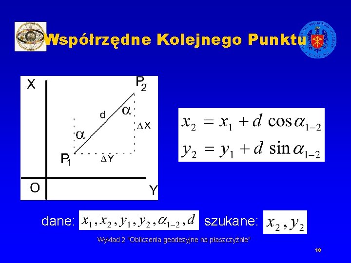 Współrzędne Kolejnego Punktu dane: szukane: Wykład 2 "Obliczenia geodezyjne na płaszczyźnie" 10 