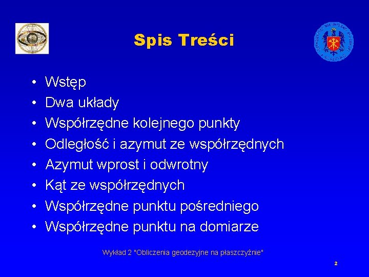 Spis Treści • • Wstęp Dwa układy Współrzędne kolejnego punkty Odległość i azymut ze