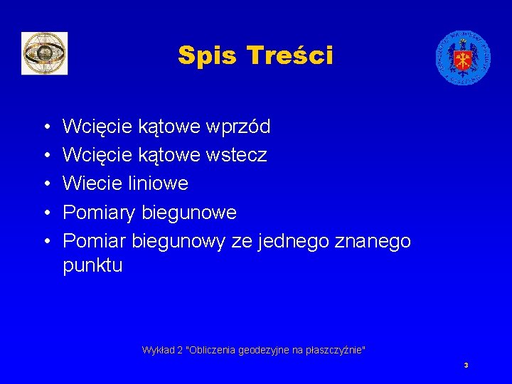 Spis Treści • • • Wcięcie kątowe wprzód Wcięcie kątowe wstecz Wiecie liniowe Pomiary