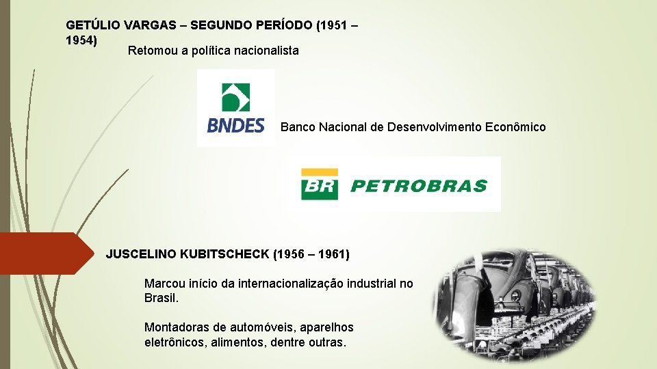 GETÚLIO VARGAS – SEGUNDO PERÍODO (1951 – 1954) Retomou a política nacionalista Banco Nacional