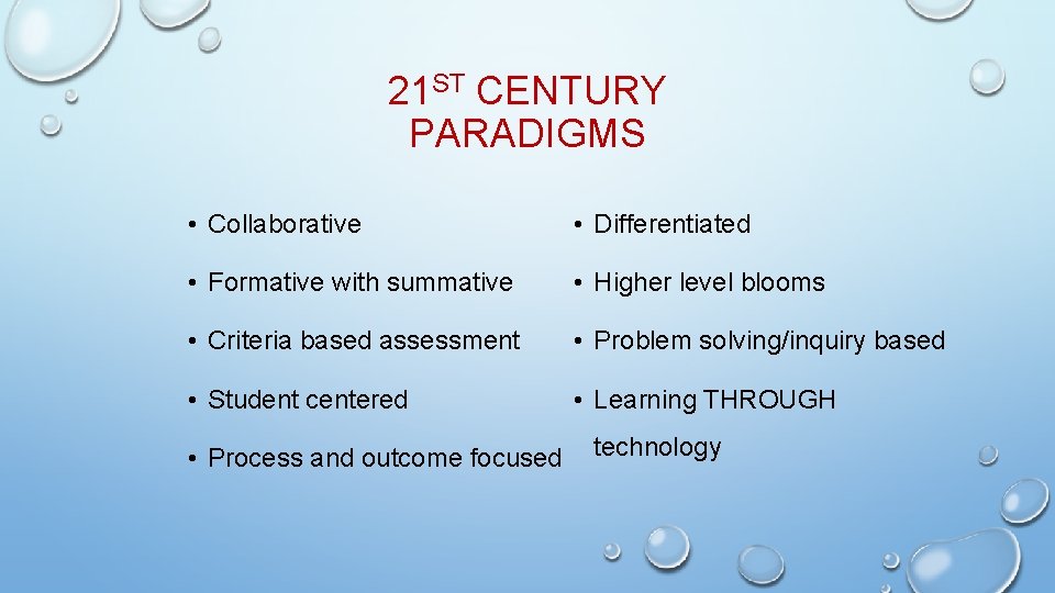 21 ST CENTURY PARADIGMS • Collaborative • Differentiated • Formative with summative • Higher