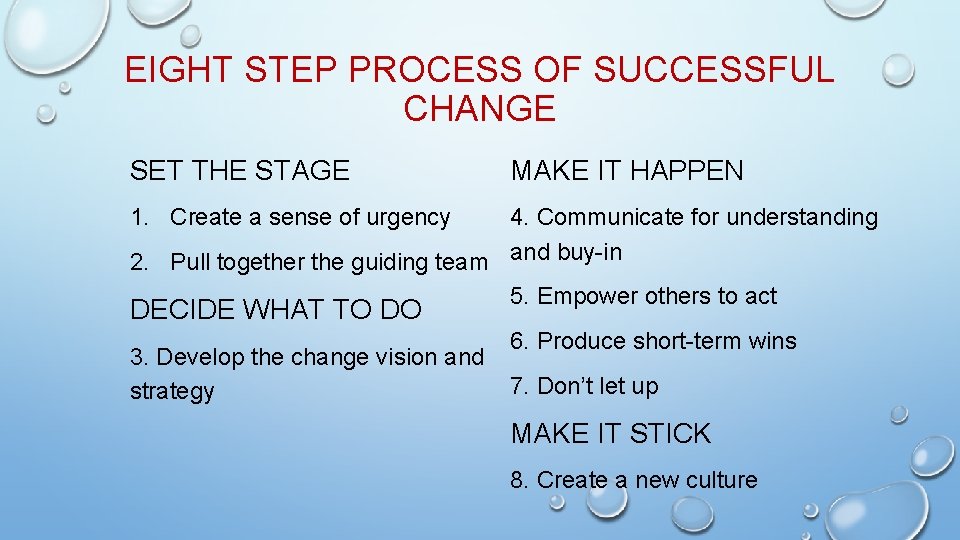 EIGHT STEP PROCESS OF SUCCESSFUL CHANGE SET THE STAGE MAKE IT HAPPEN 1. Create