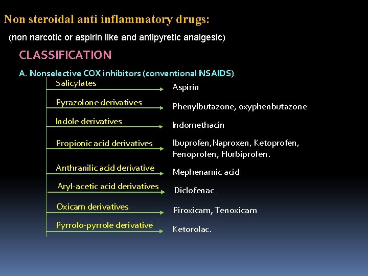 Non steroidal anti inflammatory drugs: (non narcotic or aspirin like and antipyretic analgesic) CLASSIFICATION
