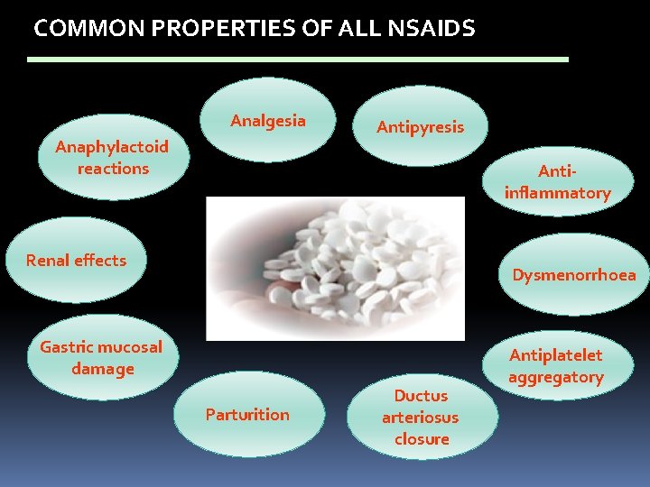 COMMON PROPERTIES OF ALL NSAIDS Analgesia Anaphylactoid reactions Antipyresis Antiinflammatory Renal effects Dysmenorrhoea Gastric