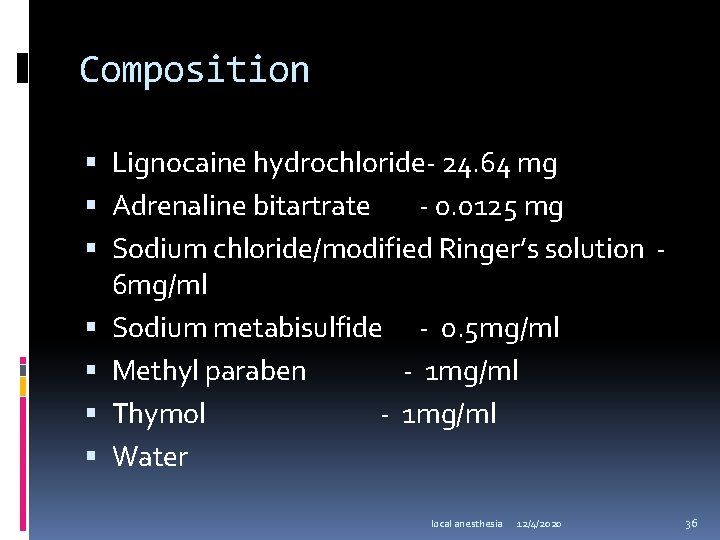 Composition Lignocaine hydrochloride- 24. 64 mg Adrenaline bitartrate - 0. 0125 mg Sodium chloride/modified