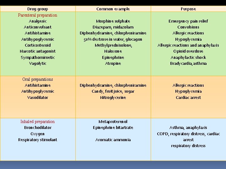 Drug group Parenteral preparation Analgesic Anticonvulsant Antihistamine Antihypoglycemic Corticosteroid Narcotic antagonist Sympathomimetic Vagolytic Common