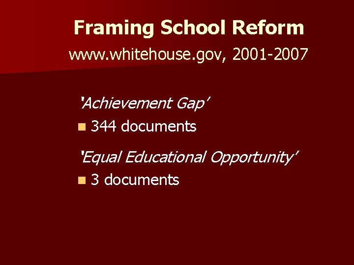 Framing School Reform www. whitehouse. gov, 2001 -2007 ‘Achievement Gap’ n 344 documents ‘Equal