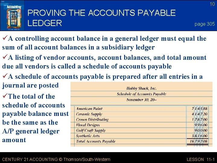 10 PROVING THE ACCOUNTS PAYABLE LEDGER page 305 üA controlling account balance in a