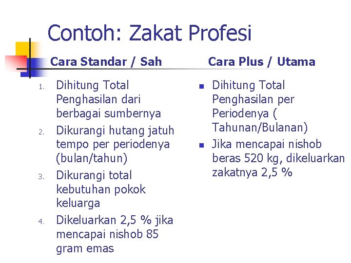 Contoh: Zakat Profesi Cara Standar / Sah 1. 2. 3. 4. Dihitung Total Penghasilan