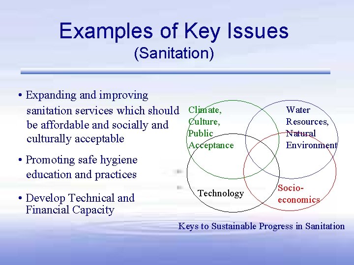 Examples of Key Issues (Sanitation) • Expanding and improving sanitation services which should be