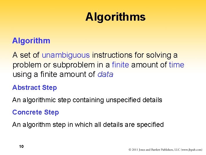 Algorithms Algorithm A set of unambiguous instructions for solving a problem or subproblem in
