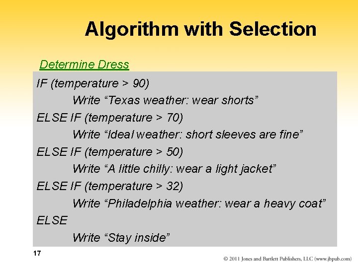 Algorithm with Selection Determine Dress IF (temperature > 90) Write “Texas weather: wear shorts” Algorithm with Selection Determine Dress IF (temperature > 90) Write “Texas weather: wear shorts”