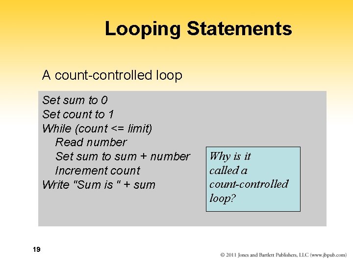 Looping Statements A count-controlled loop Set sum to 0 Set count to 1 While