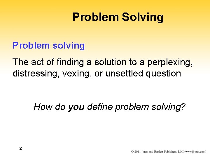 Problem Solving Problem solving The act of finding a solution to a perplexing, distressing,