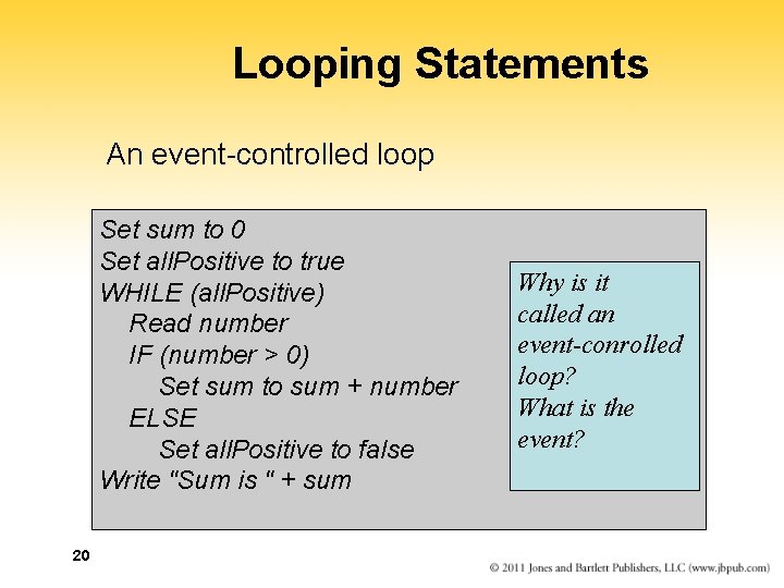 Looping Statements An event-controlled loop Set sum to 0 Set all. Positive to true Looping Statements An event-controlled loop Set sum to 0 Set all. Positive to true