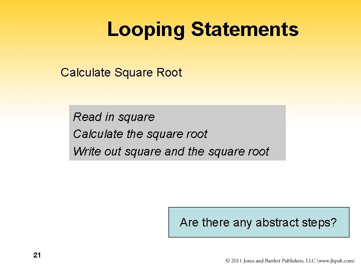 Looping Statements Calculate Square Root Read in square Calculate the square root Write out