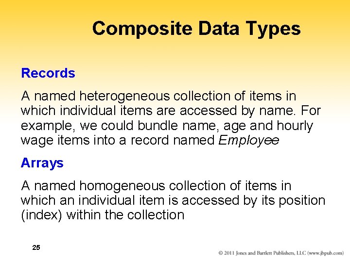 Composite Data Types Records A named heterogeneous collection of items in which individual items