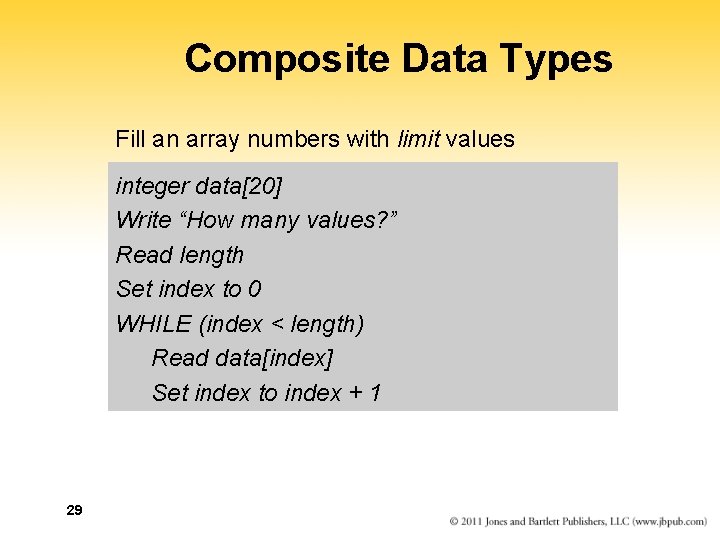 Composite Data Types Fill an array numbers with limit values integer data[20] Write “How