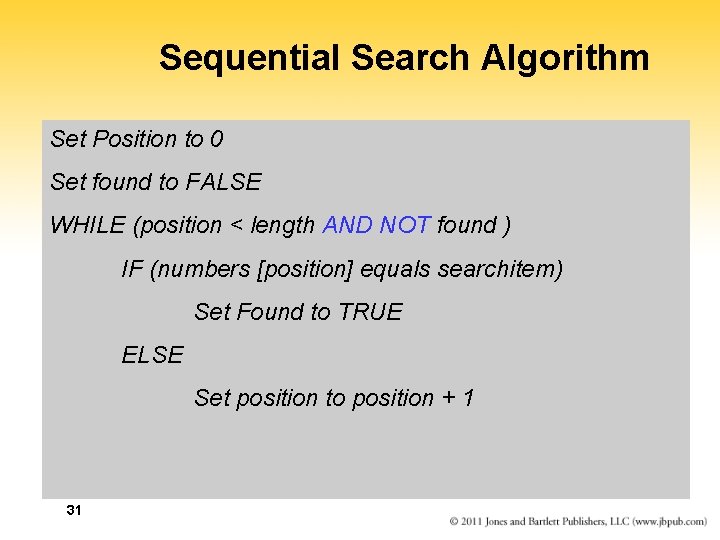 Sequential Search Algorithm Set Position to 0 Set found to FALSE WHILE (position < Sequential Search Algorithm Set Position to 0 Set found to FALSE WHILE (position <