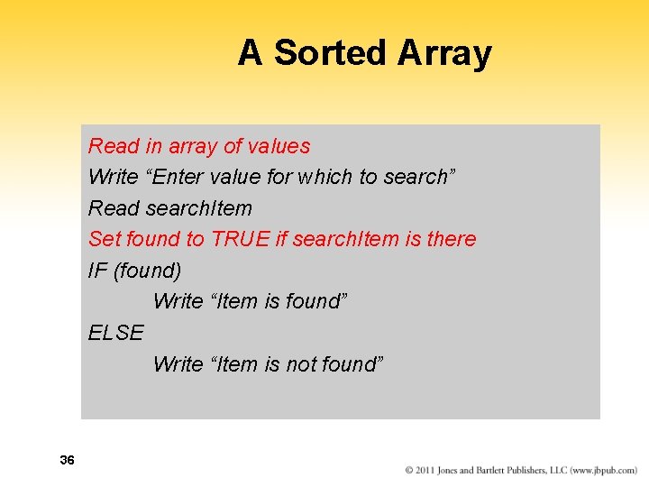 A Sorted Array Read in array of values Write “Enter value for which to