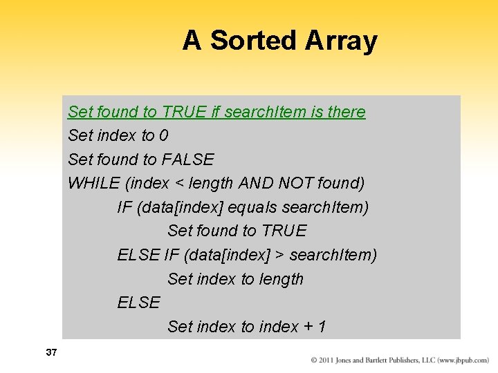 A Sorted Array Set found to TRUE if search. Item is there Set index A Sorted Array Set found to TRUE if search. Item is there Set index