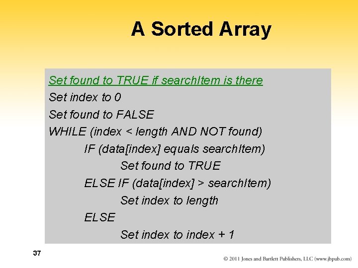 A Sorted Array Set found to TRUE if search. Item is there Set index