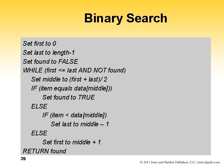 Binary Search Set first to 0 Set last to length-1 Set found to FALSE