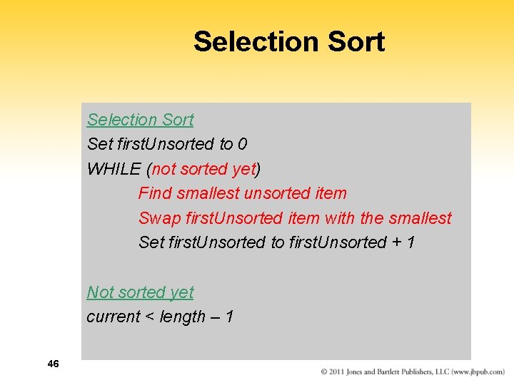 Selection Sort Set first. Unsorted to 0 WHILE (not sorted yet) Find smallest unsorted Selection Sort Set first. Unsorted to 0 WHILE (not sorted yet) Find smallest unsorted