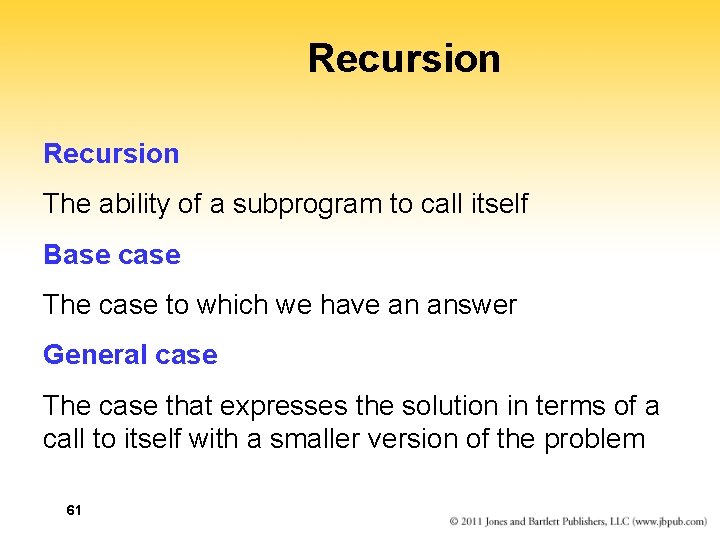 Recursion The ability of a subprogram to call itself Base case The case to