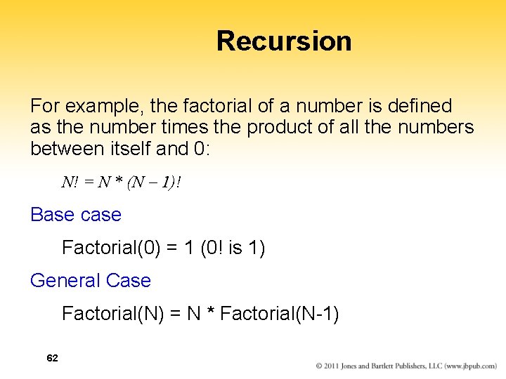 Recursion For example, the factorial of a number is defined as the number times Recursion For example, the factorial of a number is defined as the number times