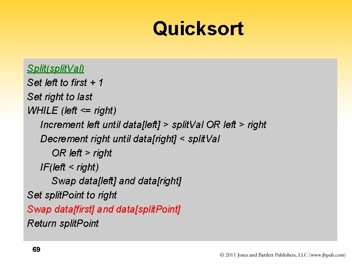 Quicksort Split(split. Val) Set left to first + 1 Set right to last WHILE