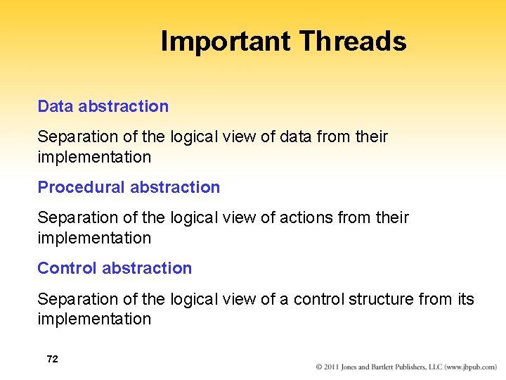 Important Threads Data abstraction Separation of the logical view of data from their implementation