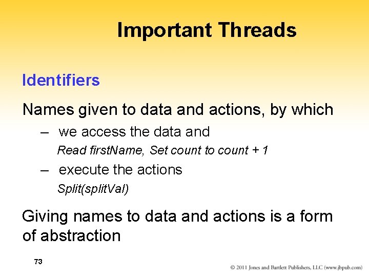 Important Threads Identifiers Names given to data and actions, by which – we access