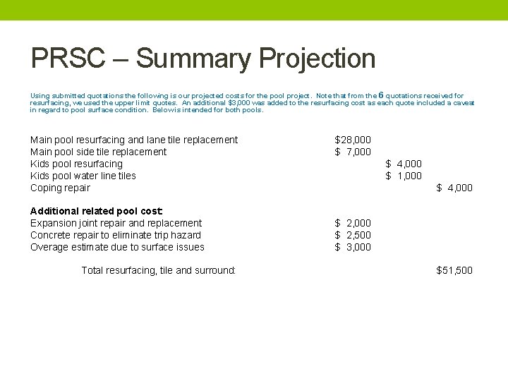 PRSC – Summary Projection Using submitted quotations the following is our projected costs for