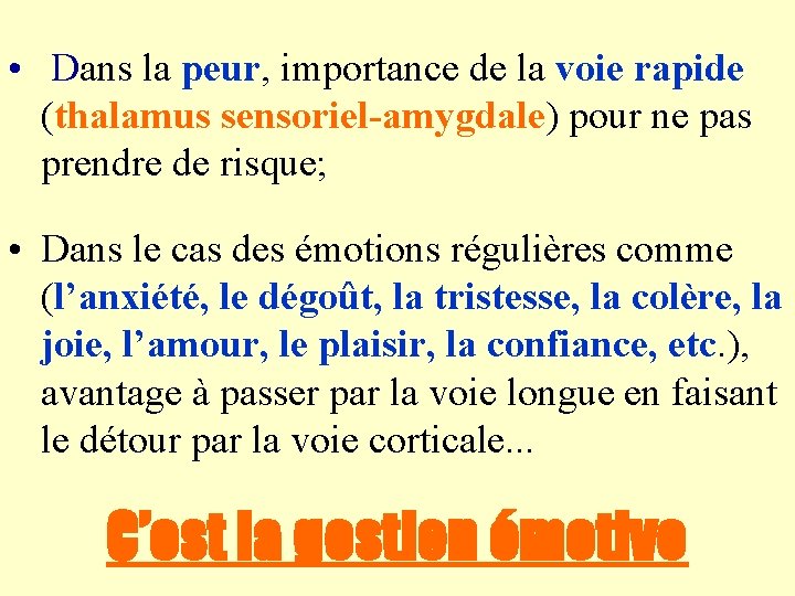  • Dans la peur, importance de la voie rapide (thalamus sensoriel-amygdale) pour ne