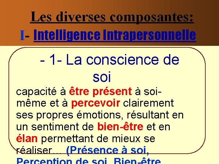  Les diverses composantes: I- Intelligence Intrapersonnelle - 1 - La conscience de soi