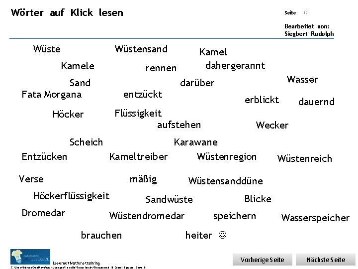 Wörter auf Übungsart: Klick lesen Seite: 13 Bearbeitet von: Siegbert Rudolph Wüstensand Kamele rennen