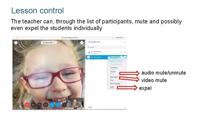 Lesson control The teacher can, through the list of participants, mute and possibly even