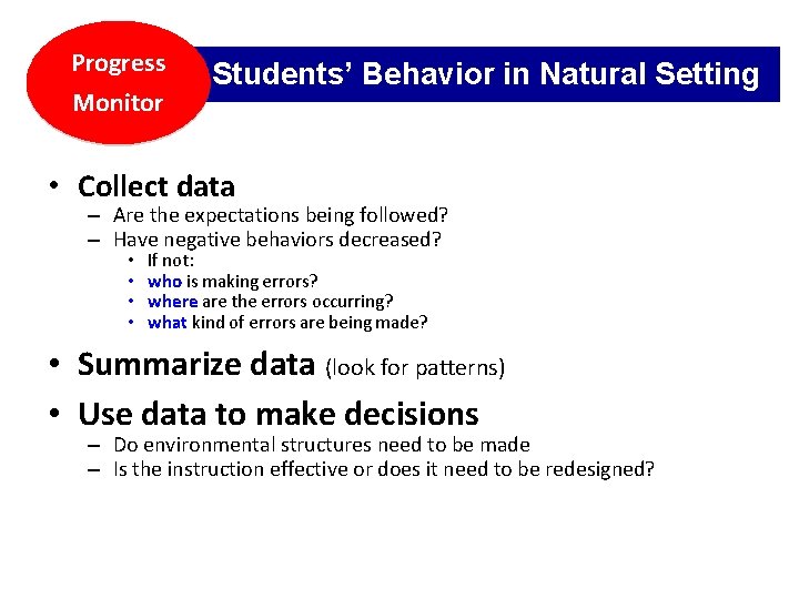 Progress Monitor Students’ Behavior in Natural Setting • Collect data – Are the expectations
