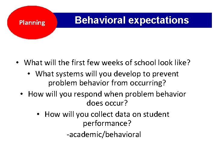 Planning Behavioral expectations • What will the first few weeks of school look like?
