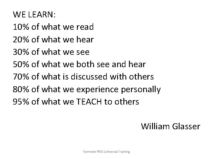 WE LEARN: 10% of what we read 20% of what we hear 30% of