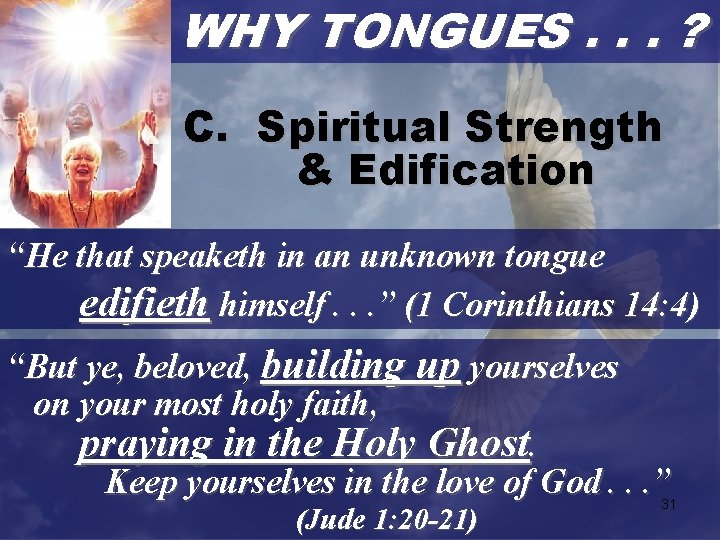 WHY TONGUES. . . ? C. Spiritual Strength & Edification “He that speaketh in