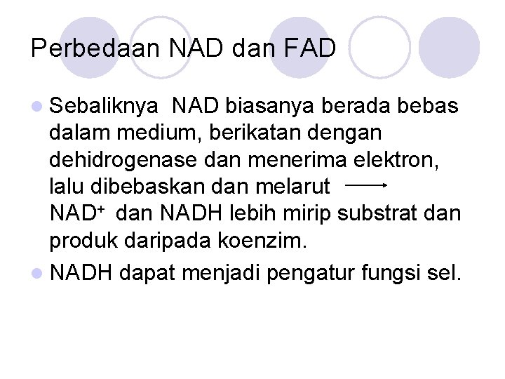 Perbedaan NAD dan FAD l Sebaliknya NAD biasanya berada bebas dalam medium, berikatan dengan