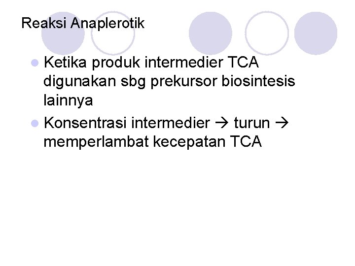 Reaksi Anaplerotik l Ketika produk intermedier TCA digunakan sbg prekursor biosintesis lainnya l Konsentrasi