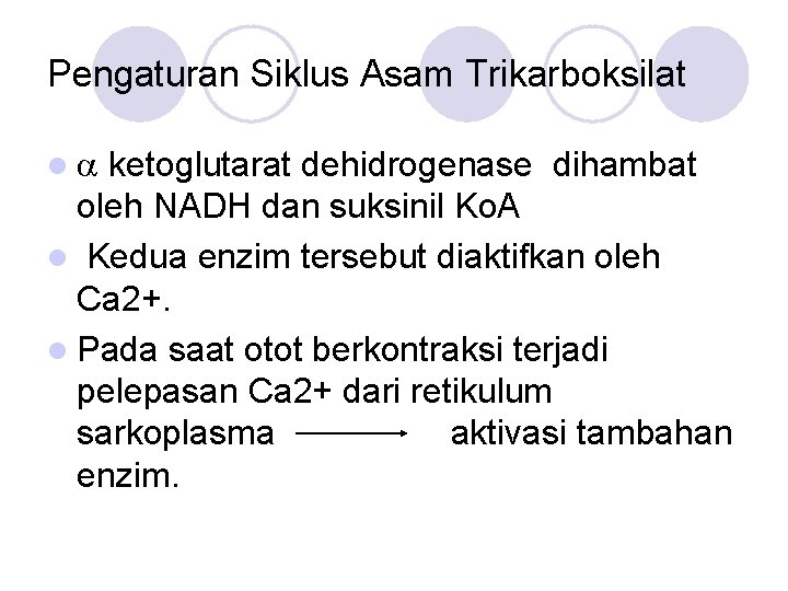 Pengaturan Siklus Asam Trikarboksilat l ketoglutarat dehidrogenase dihambat oleh NADH dan suksinil Ko. A