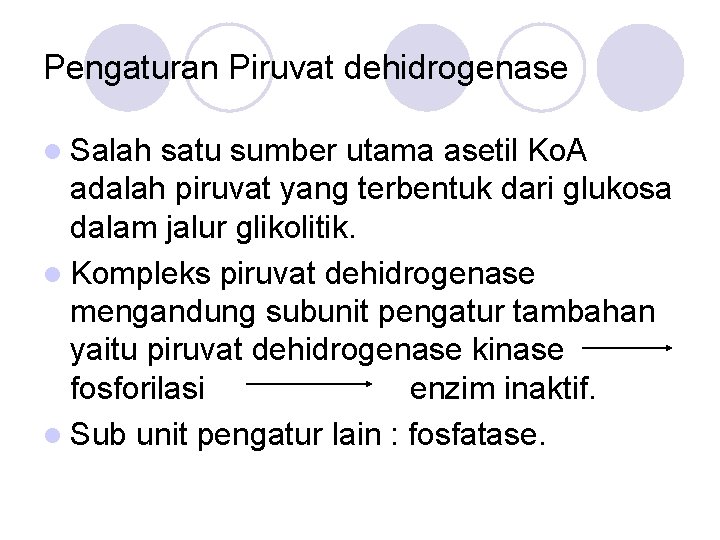 Pengaturan Piruvat dehidrogenase l Salah satu sumber utama asetil Ko. A adalah piruvat yang