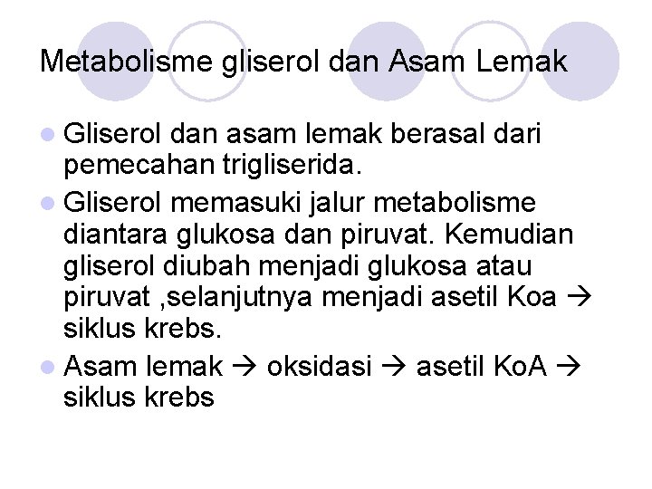 Metabolisme gliserol dan Asam Lemak l Gliserol dan asam lemak berasal dari pemecahan trigliserida.