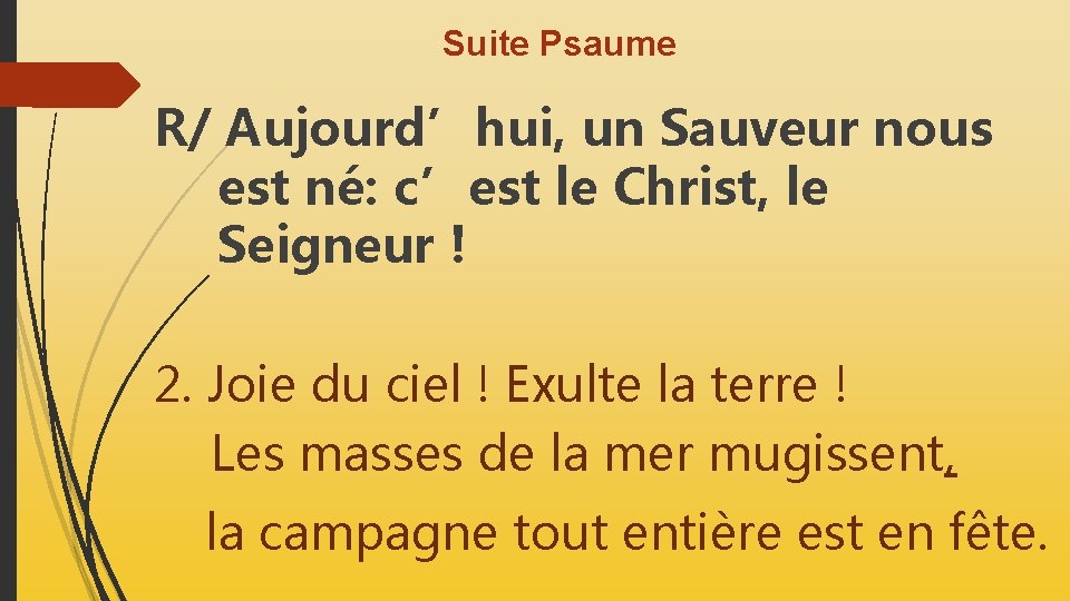 Suite Psaume R/ Aujourd’hui, un Sauveur nous est né: c’est le Christ, le Seigneur