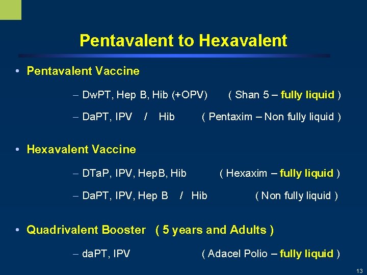 Pentavalent to Hexavalent • Pentavalent Vaccine – Dw. PT, Hep B, Hib (+OPV) –